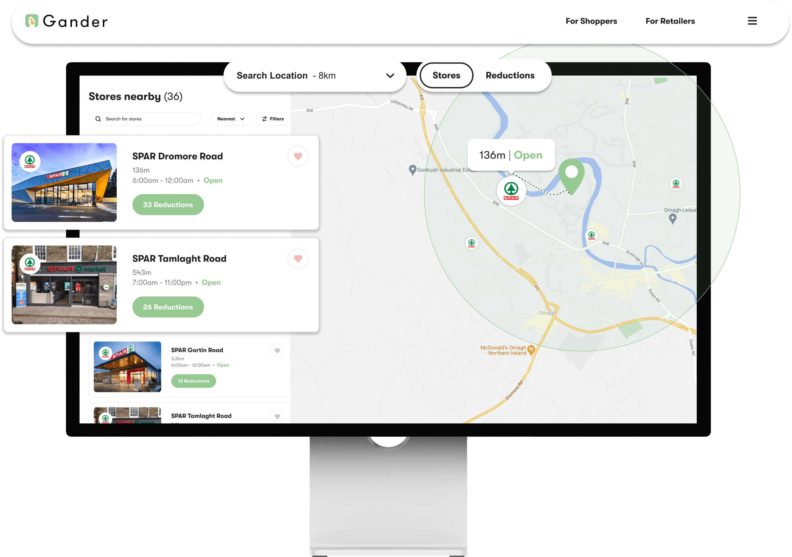 Screenshot of the Gander consumer web app showing nearby stores with reduced-to-clear products on an interactive map